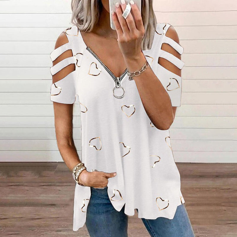 V-Neck Zipper T-Shirt With Heart Print