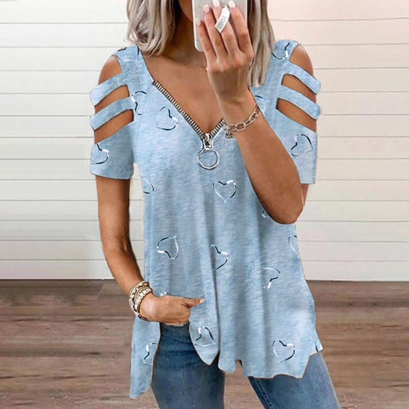 V-Neck Zipper T-Shirt With Heart Print