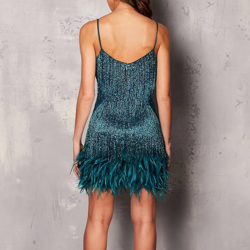 Women's Feather Fringe Sequin Spaghetti Strap Dress