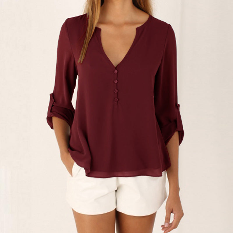 V-Necked Loose Chiffon Shirt