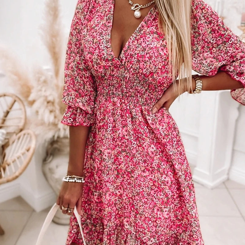 Puff Sleeve Mid Waist Floral Dress