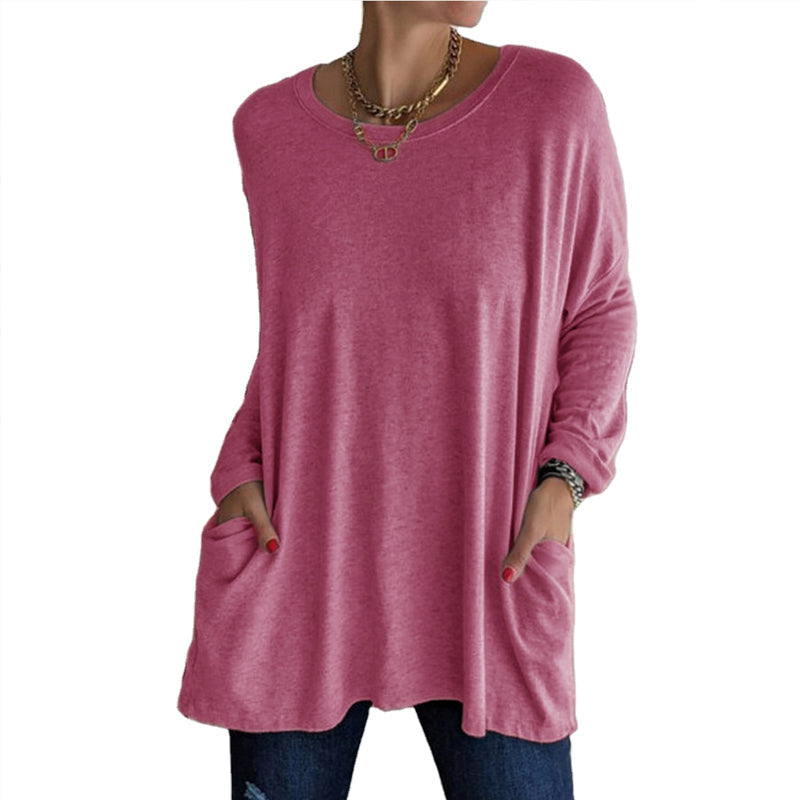 Round Neck Long Sleeve Loose Pocket Solid T-Shirt